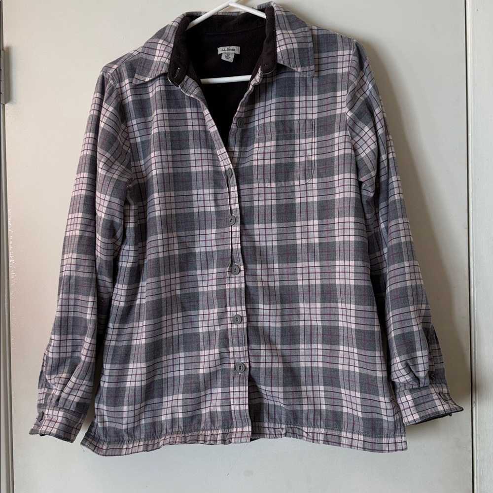 L.L. Bean Fleece Lined Flannel Shirt Jacket Plaid Shacket Gray Pink - Picture 7 of 8